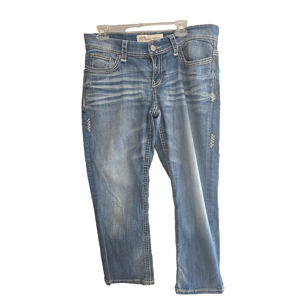 BKE Payton Capri Jeans Womens 32 Blue Medium Wash Distressed Denim ABK529